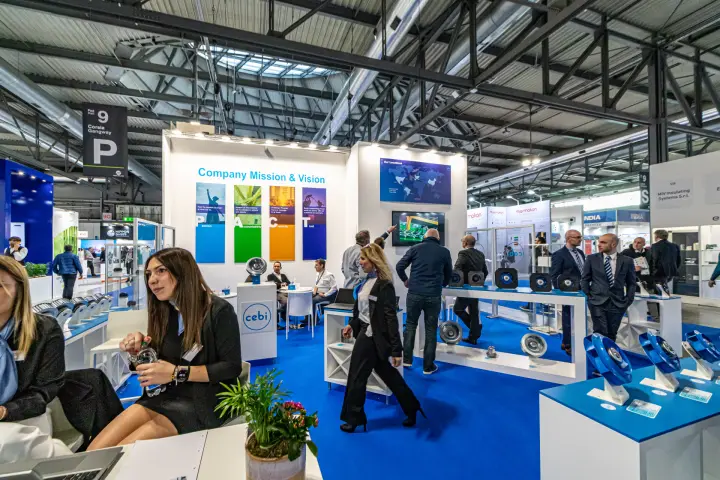 Blue impellers and EC fan modules across the Cebi stand
