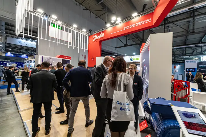 BOCK CO2 compressor and tablet kiosk on the Danfoss stand at MCE 2024