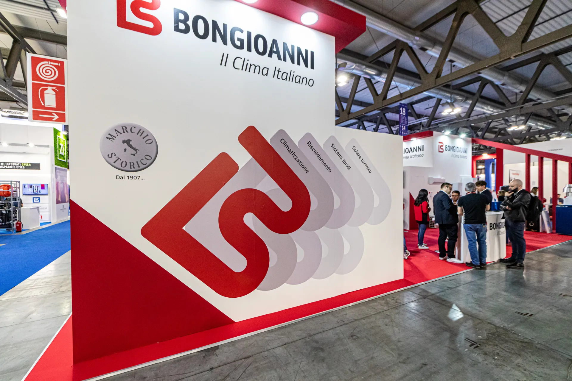 Bongioanni brand wall with "Marchio Storico" seal and product sector graphic at MCE 2024