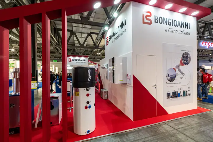 Bongioanni heat pump water heater and wall units behind red vertical slats at MCE 2024