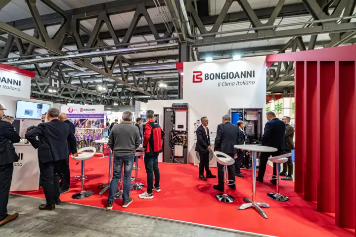 Bongioanni stand with red floor and open indoor modules on display at MCE 2024