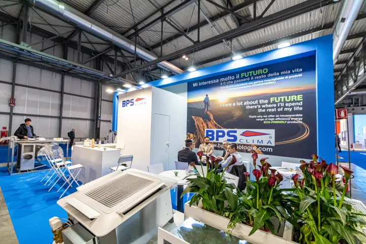 BPS Clima cassette unit in front of the stand's 'Future' graphic wall at MCE 2024