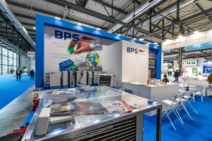 BPS Clima stand with fan coil units and a unit heater on display at MCE 2024