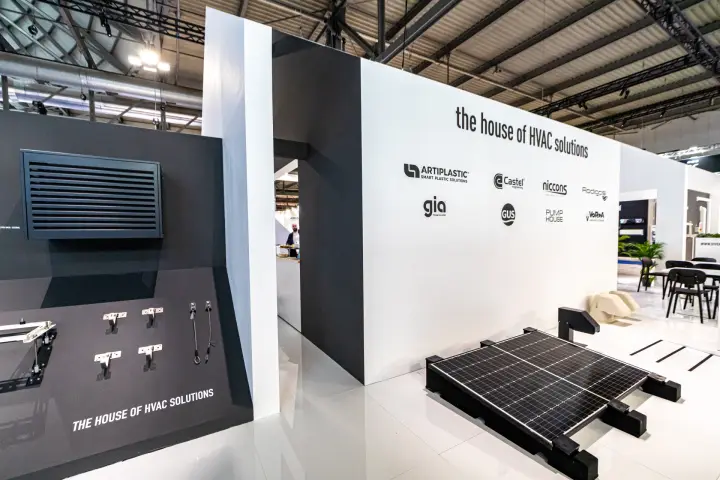 Brand wall and solar panel mounting at 'the house of HVAC solutions' stand at MCE 2024