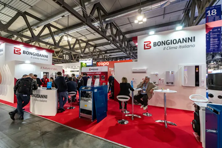 Busy Bongioanni stand with floor-standing boiler and wall-hung units at MCE 2024