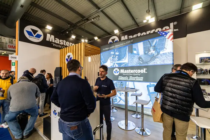 Busy Mastercool stand with backlit 'Black Series' tool graphics at MCE 2024