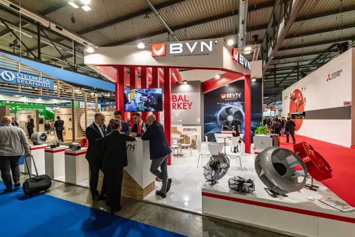 BVN stand with axial fans, impellers and red column frame at MCE 2024