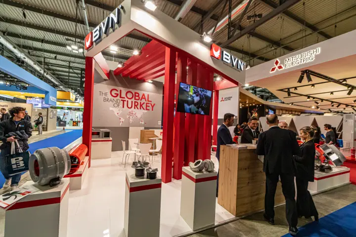 BVN stand front with "The Global Brand of Turkey" graphic and duct fans at MCE 2024