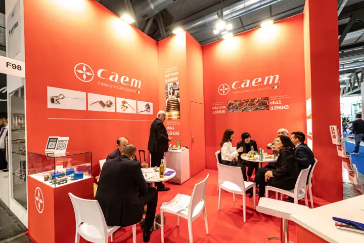 C.A.E.M. stand with thermostat images and 'since 1966' slogans at MCE 2024