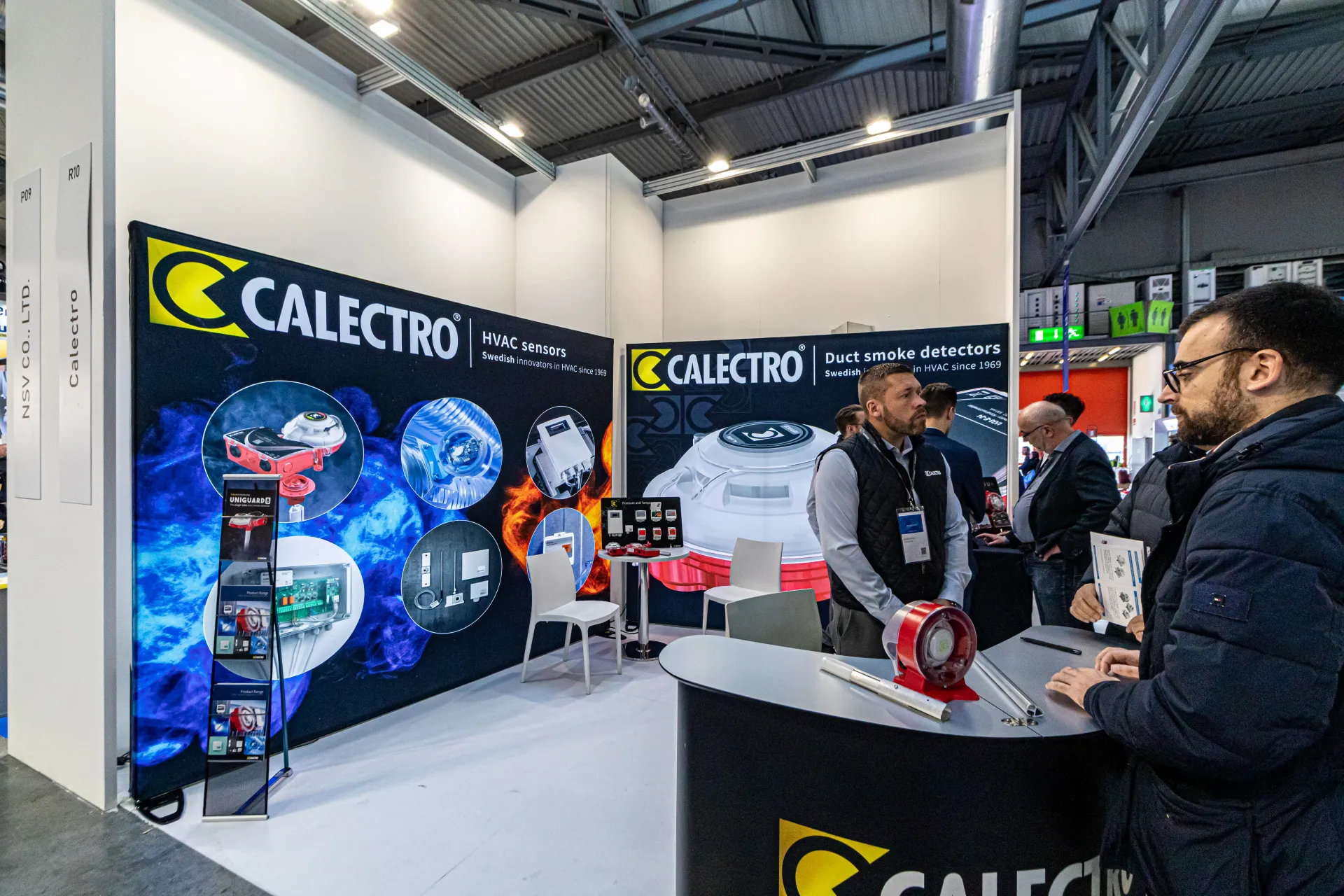 Calectro stand with HVAC sensors and duct smoke detector graphics at MCE 2024
