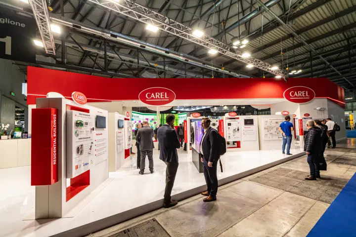 Carel stand with red fascia and themed product display walls at MCE 2024
