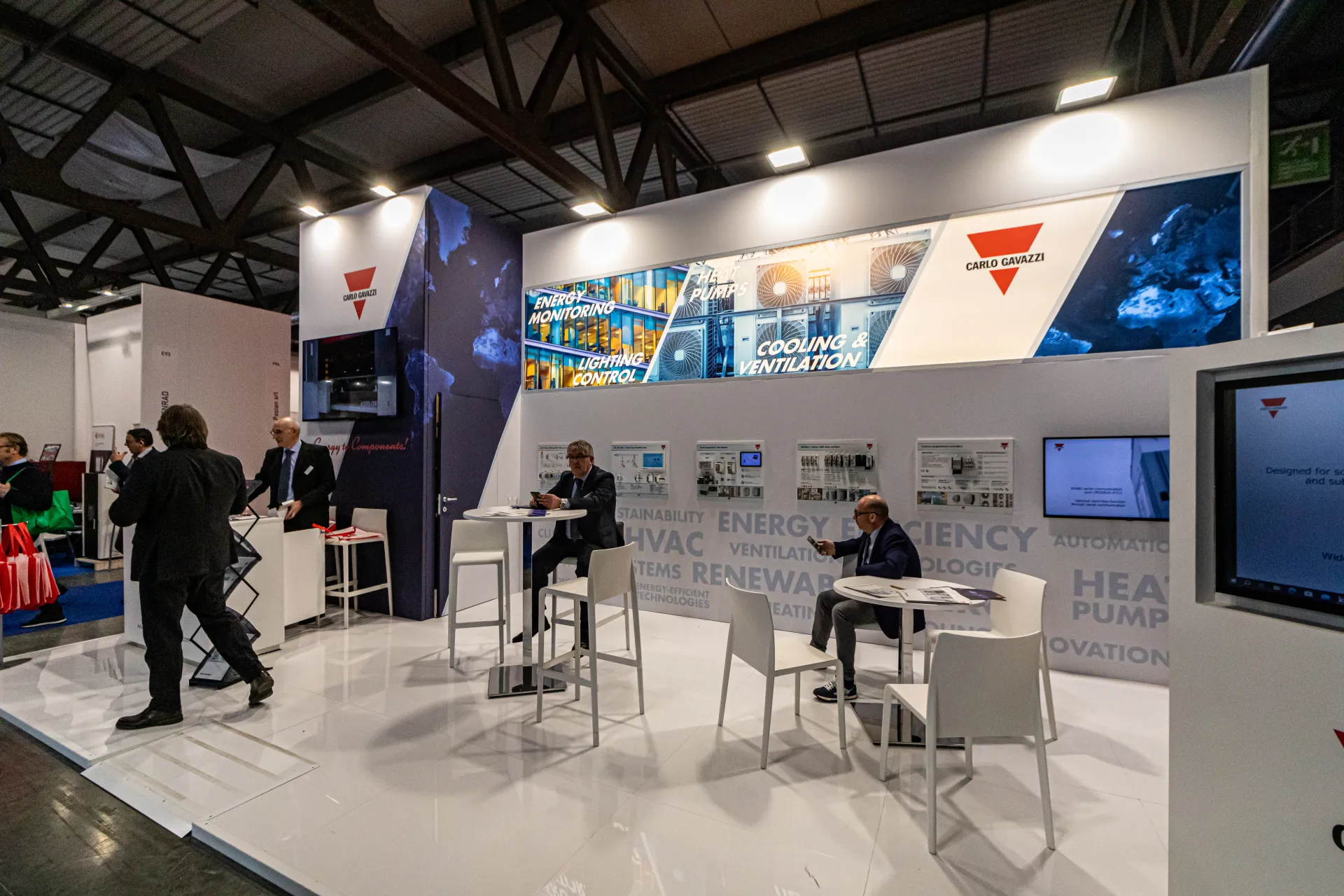 Carlo Gavazzi stand with energy monitoring and HVAC control displays at MCE 2024