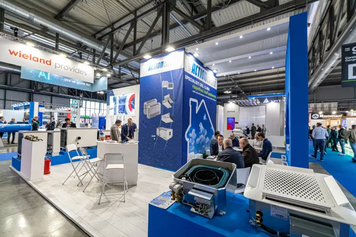 Cassette fan coils at the corner of the Action Clima stand at MCE 2024