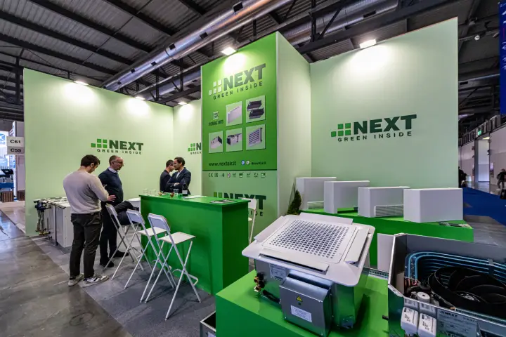 Cassette unit and open fan coil in front of the NEXT stand at MCE 2024