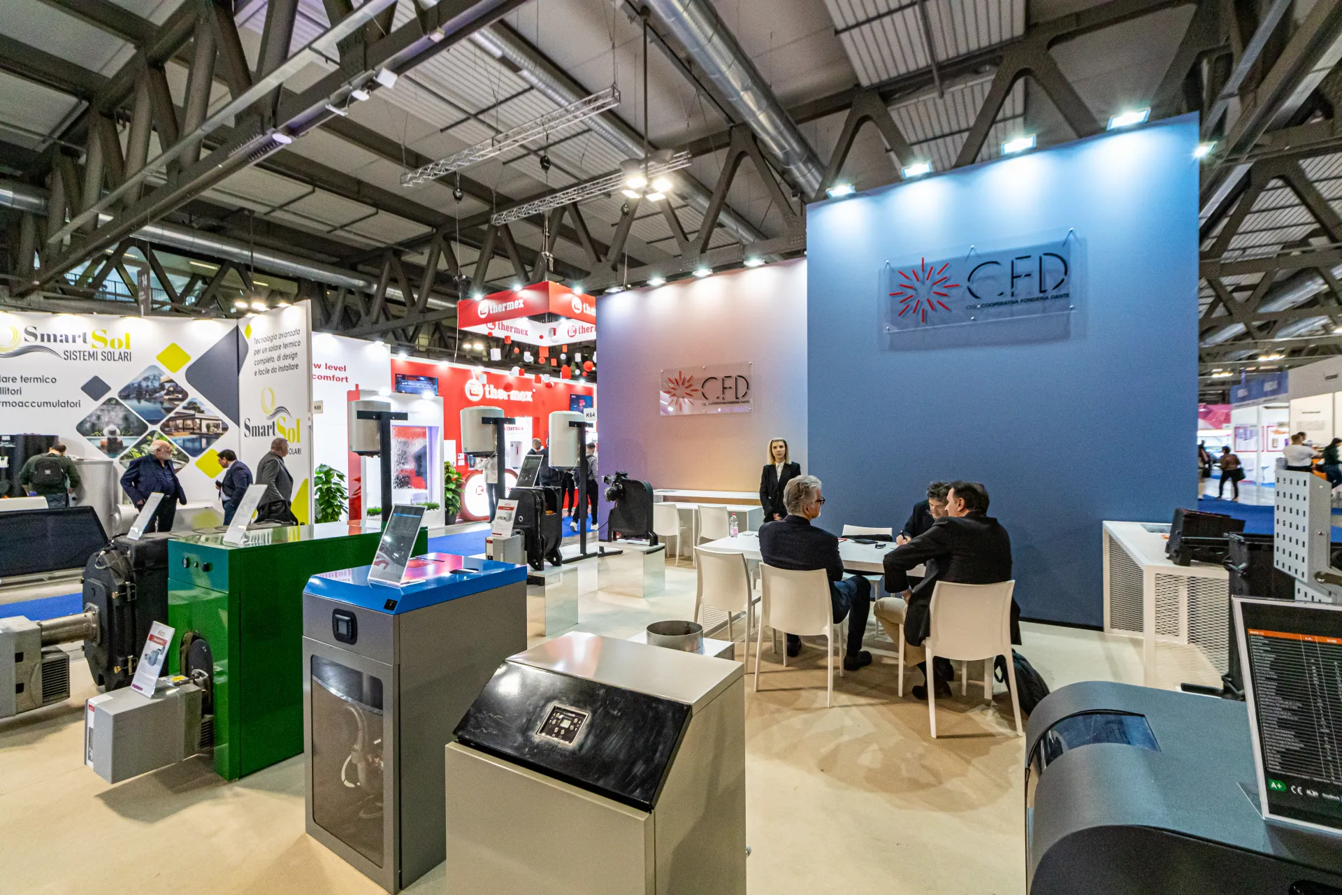 CFD stand with boilers and burners in front of blue walls at MCE 2024
