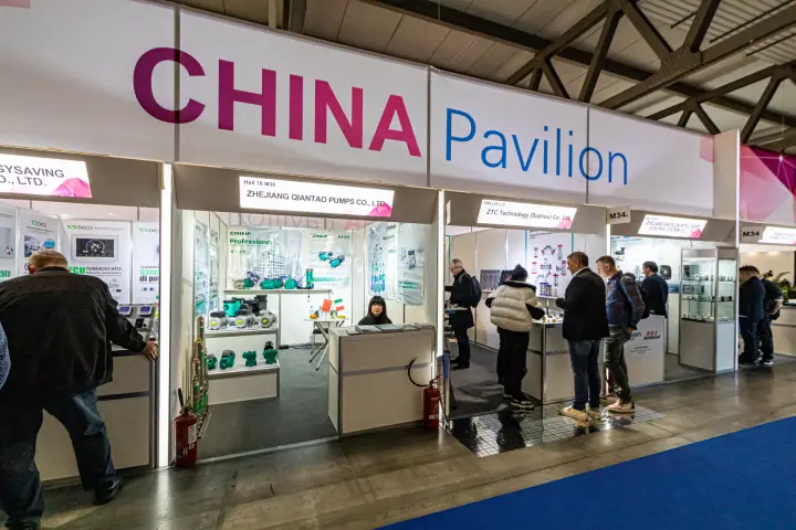 China Pavilion row with Qiantao Pumps, ZTC Technology and Beca thermostats at MCE 2024