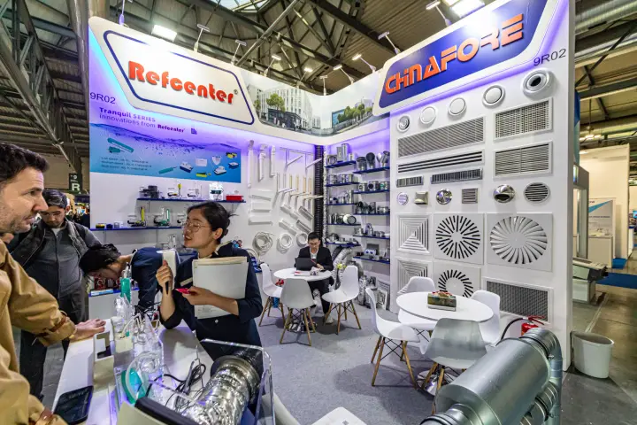 Chinafore wall of diffusers, grilles and air valves at stand 9R02 at MCE 2024