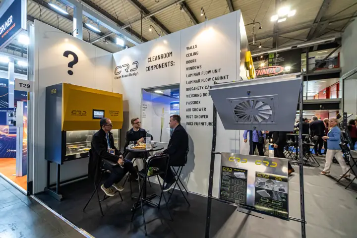 Clean Room Design stand with yellow safety cabinet and HEPA box diffuser at MCE 2024