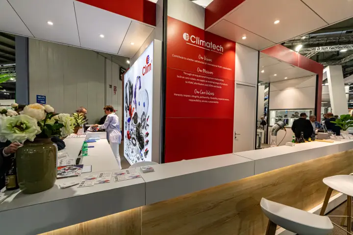 Climatech counter with Clim product lightbox and values wall at MCE 2024