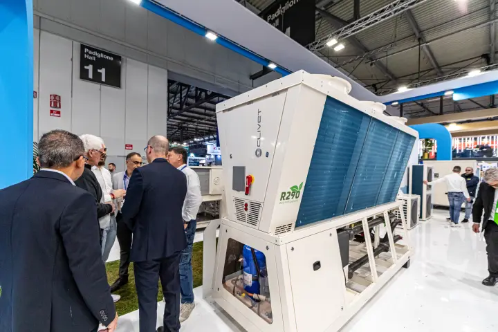 Clivet air-cooled unit labelled 'R290 eco refrigerant' beside the Hall 11 sign at MCE 2024