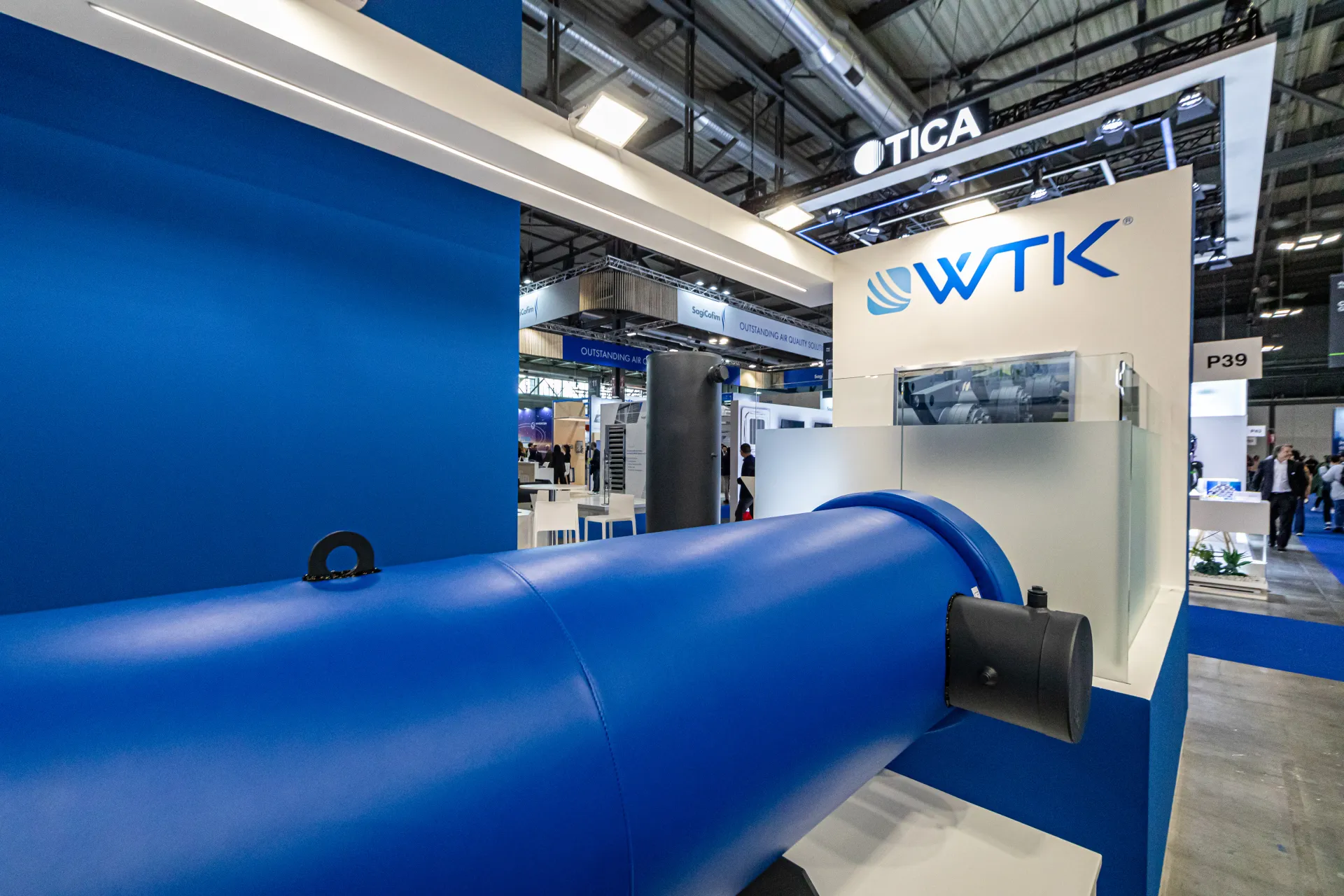 Close-up of a blue cylindrical heat exchanger on the WTK stand at MCE 2024