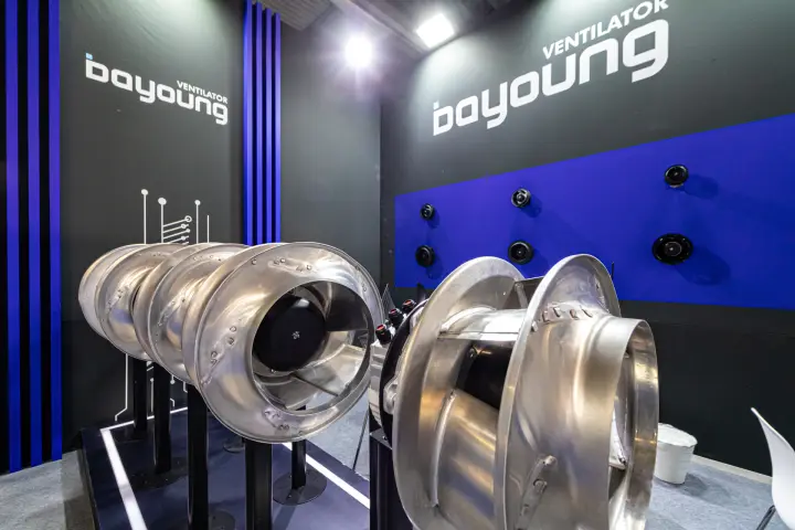 Close view of Bayoung backward-curved impellers with external-rotor motors at MCE 2024