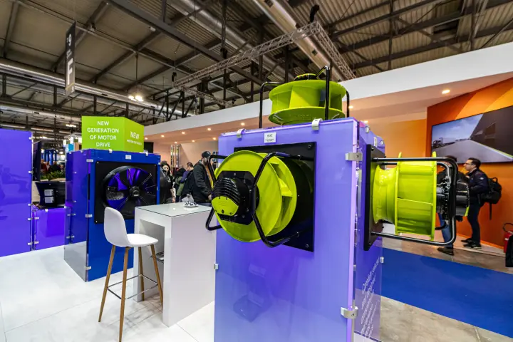 Close view of Hidria centrifugal fans with lime-green impellers at MCE 2024