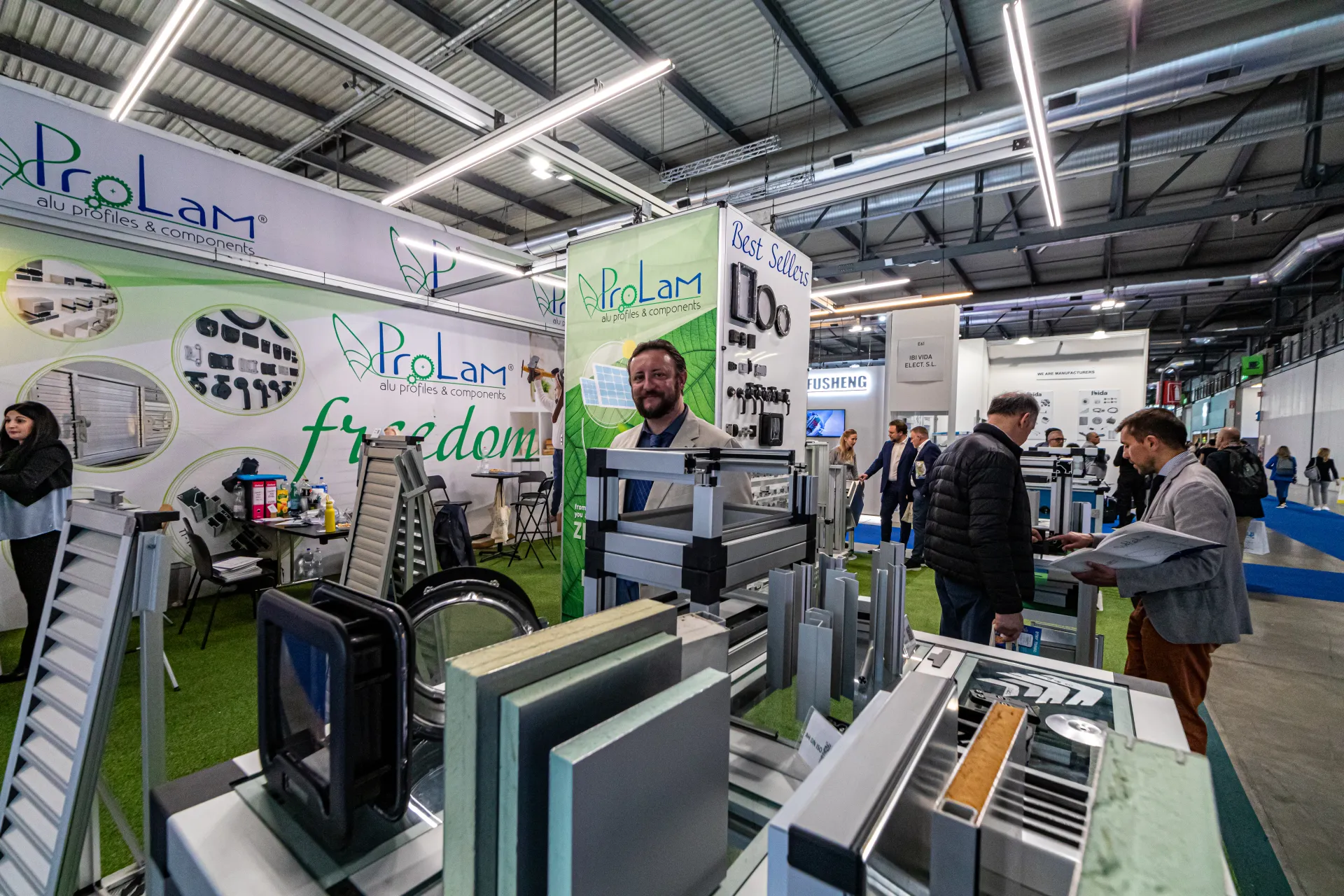 Close view of ProLam profiles, panel samples and inspection doors at MCE 2024