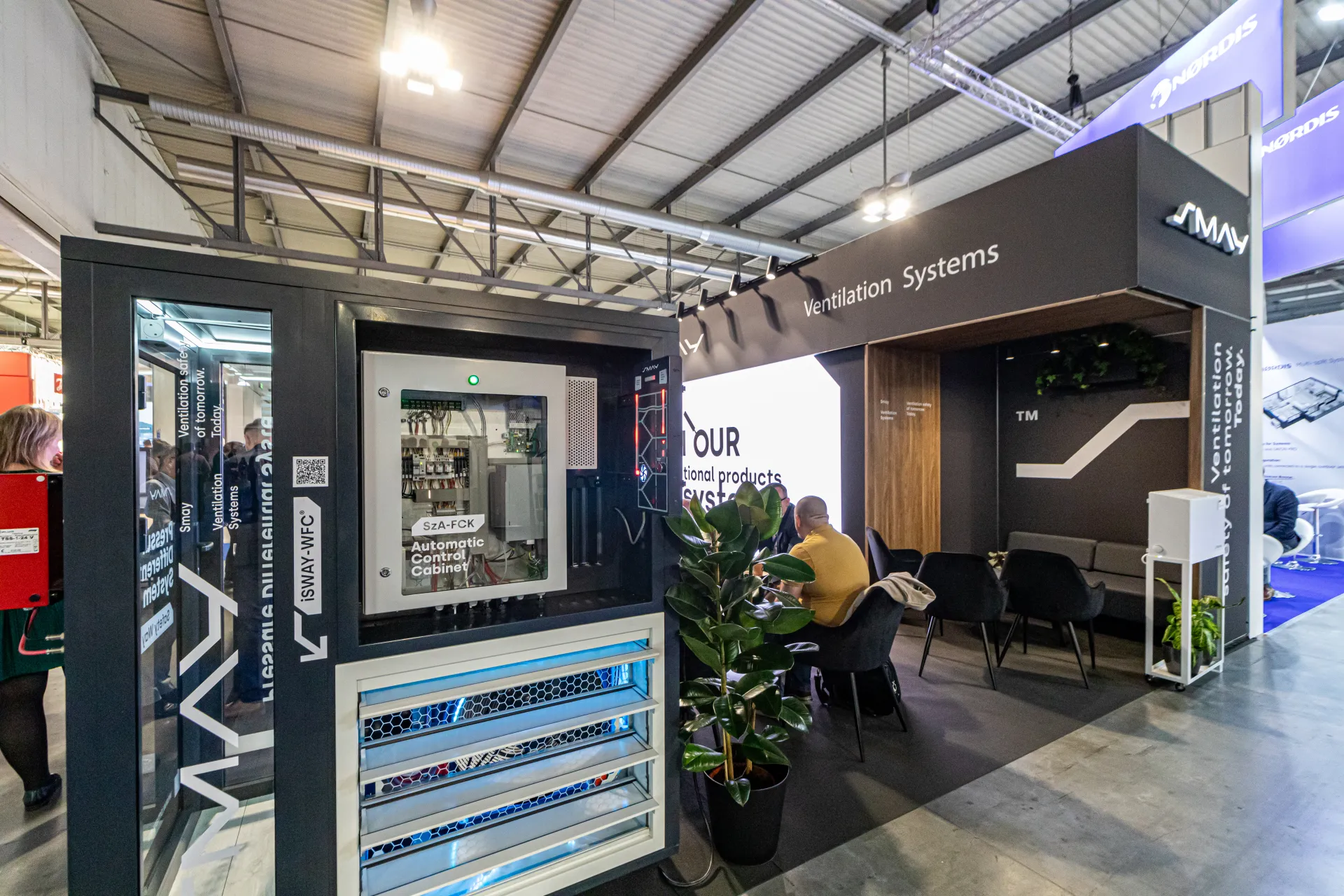 Close view of Smay control cabinet module with blue-lit louvre section at MCE 2024