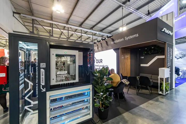 Close view of Smay control cabinet module with blue-lit louvre section at MCE 2024