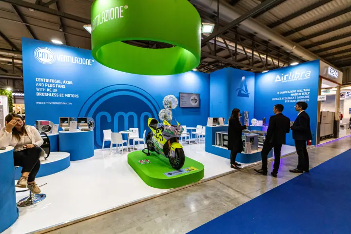 CMC Ventilazione stand with fans and a racing motorcycle