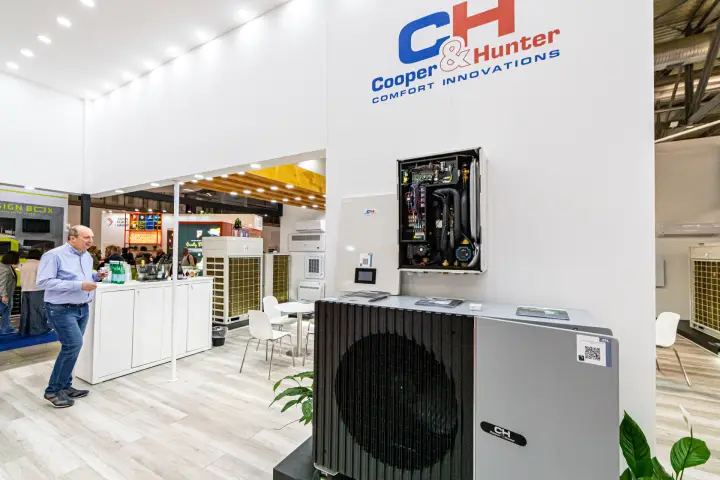 Cooper&Hunter outdoor heat pump with opened wall-mounted hydronic module at MCE 2024