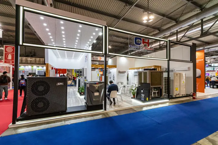 Cooper&Hunter stand front with LED-edged black frame and heat pumps at MCE 2024