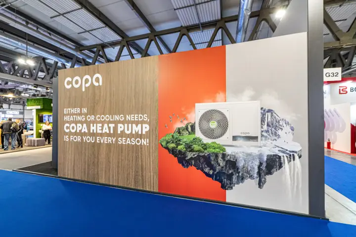Copa stand wall with heat pump graphic and every-season slogan at MCE 2024