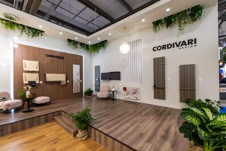 Cordivari Design area with decorative radiators on slatted wood and white walls at MCE 2024