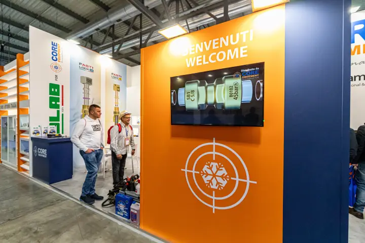 Core Equipment 'Benvenuti Welcome' wall with fitting video on screen at MCE 2024