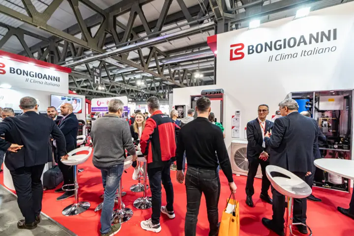 Crowded Bongioanni stand with open indoor module and outdoor unit at MCE 2024