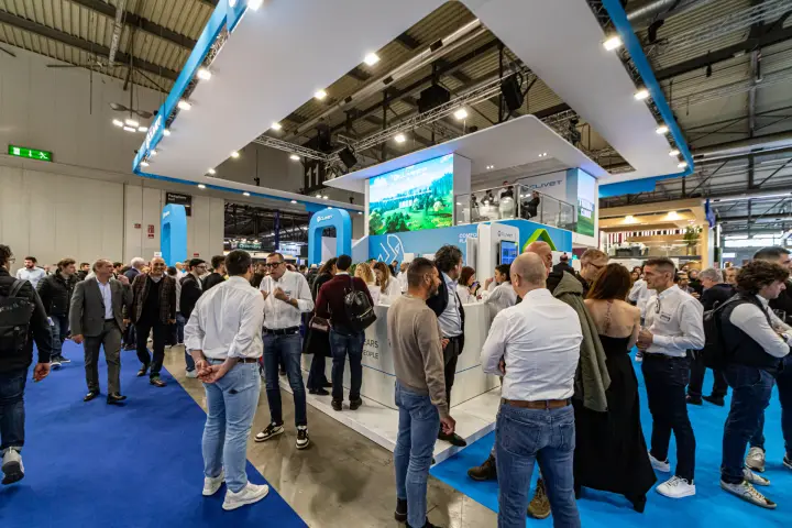 Crowded Clivet stand with upper deck and LED screens at MCE 2024