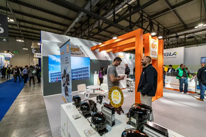 Cubigel compressors and VSC Range card in front of orange portal frames at MCE 2024