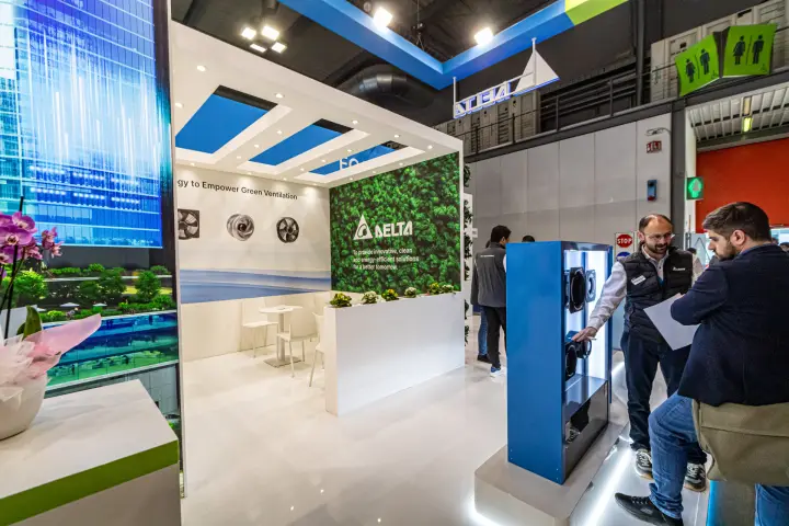 Delta Electronics moss wall, meeting corner and fan display tower at MCE 2024