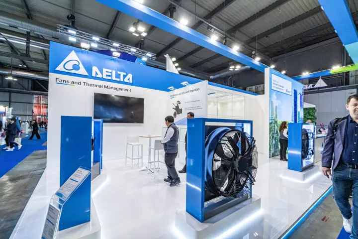 Delta Electronics stand with framed EC fans along the aisle edge at MCE 2024