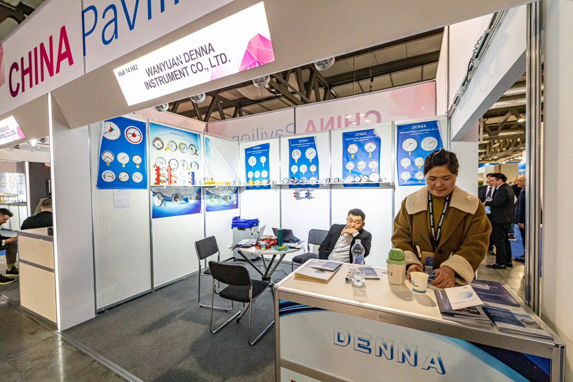 Denna booth with pressure gauges and thermometers in the China Pavilion at MCE 2024