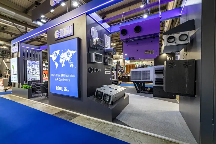 Doğu corner with '60 Countries' lightbox and suspended heat recovery unit at MCE 2024