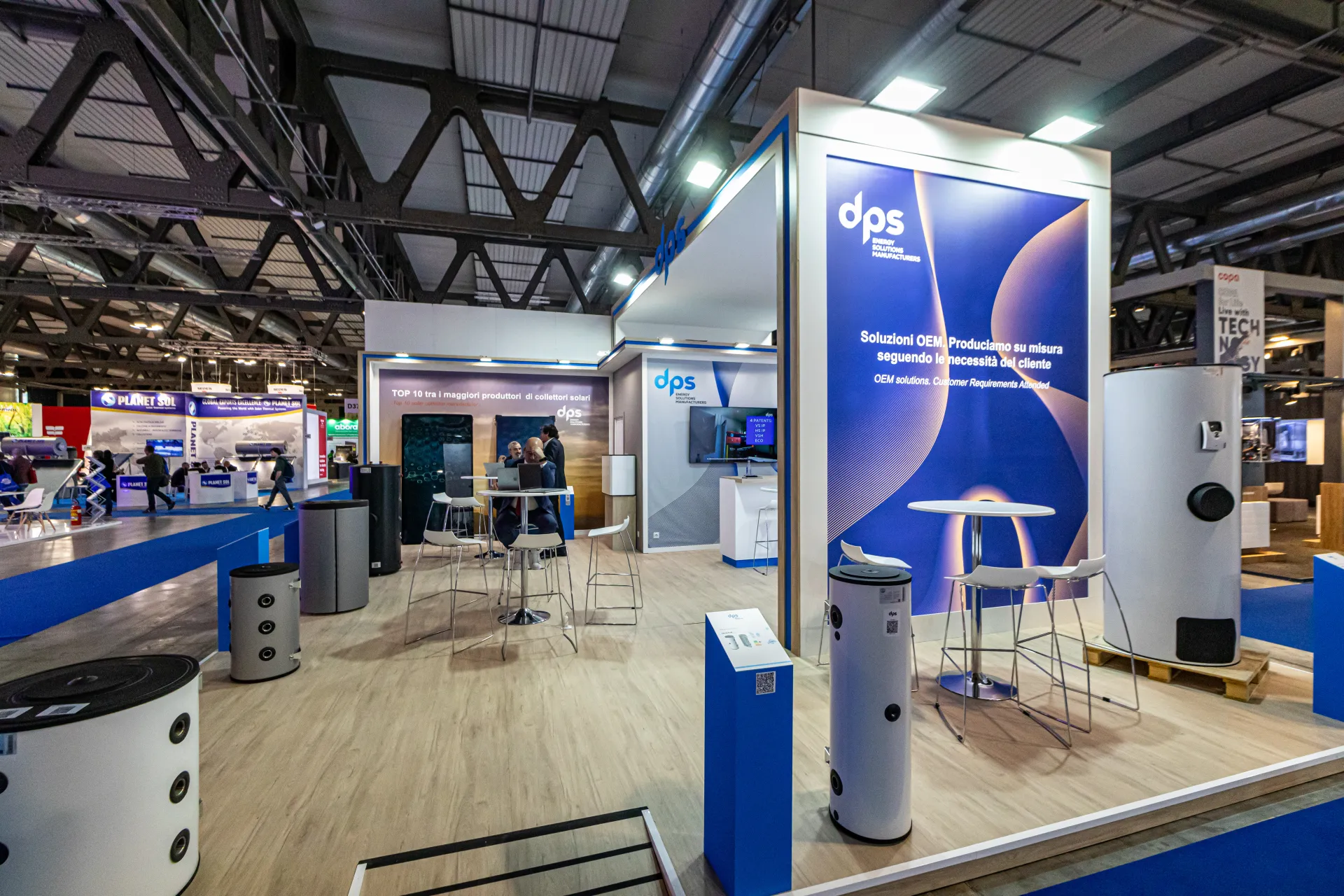 DPS stand with hot water storage tanks and OEM solutions graphic at MCE 2024