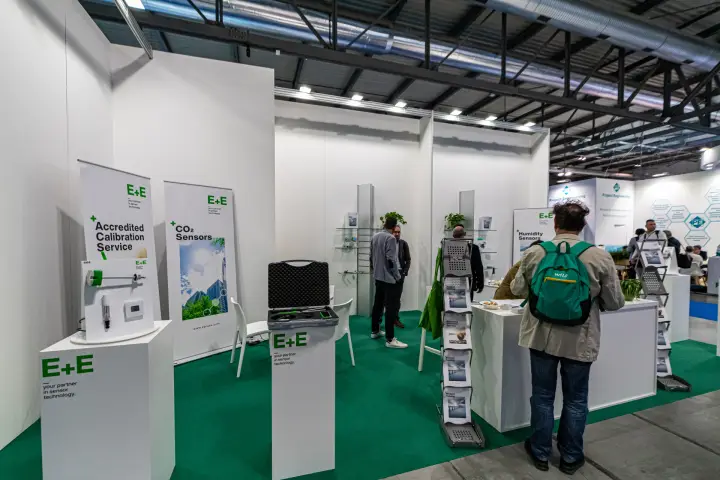E+E sensor stand with CO2 sensor and calibration service roll-ups at MCE 2024