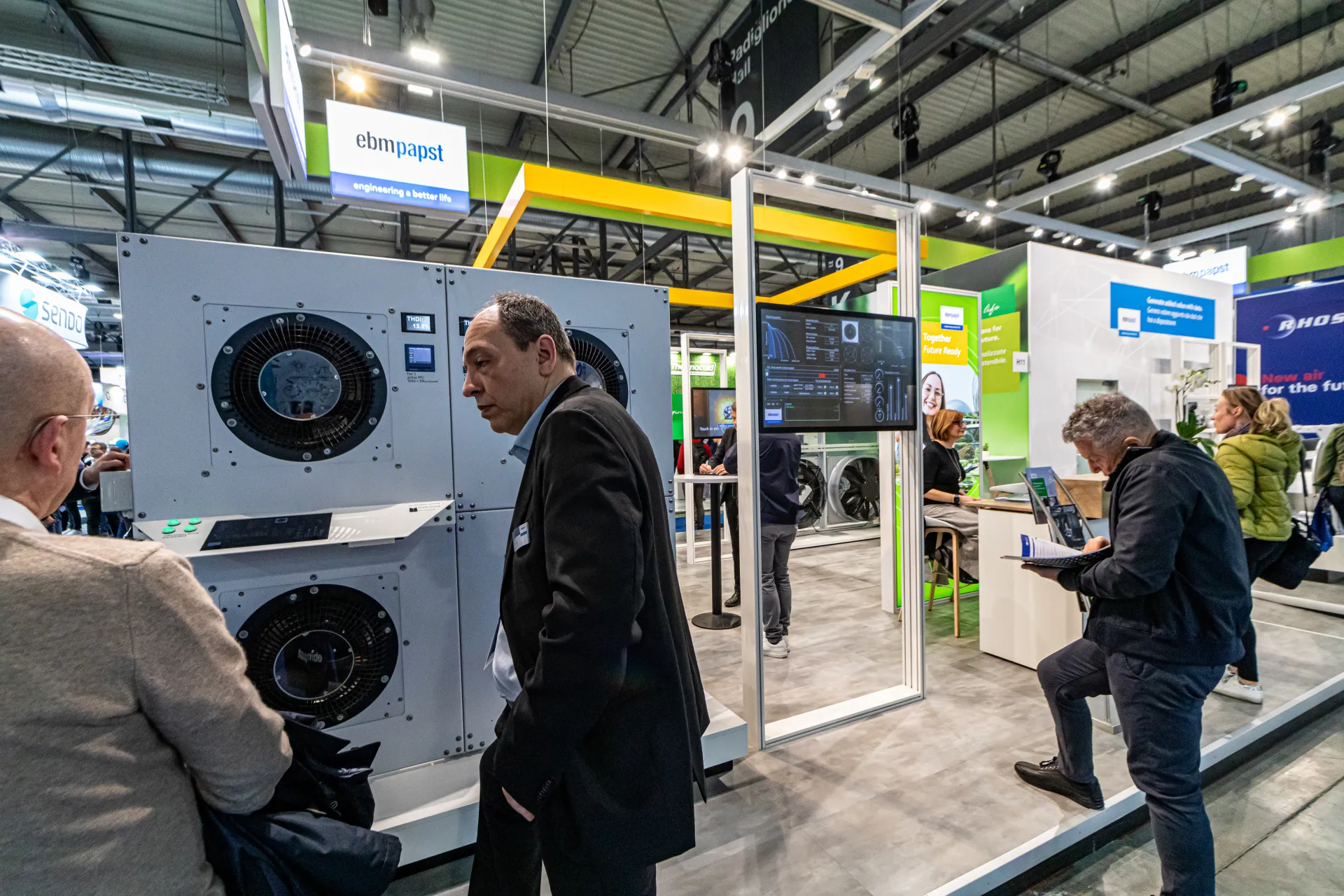 ebm-papst fan wall demonstrator with live THDi readout at MCE 2024