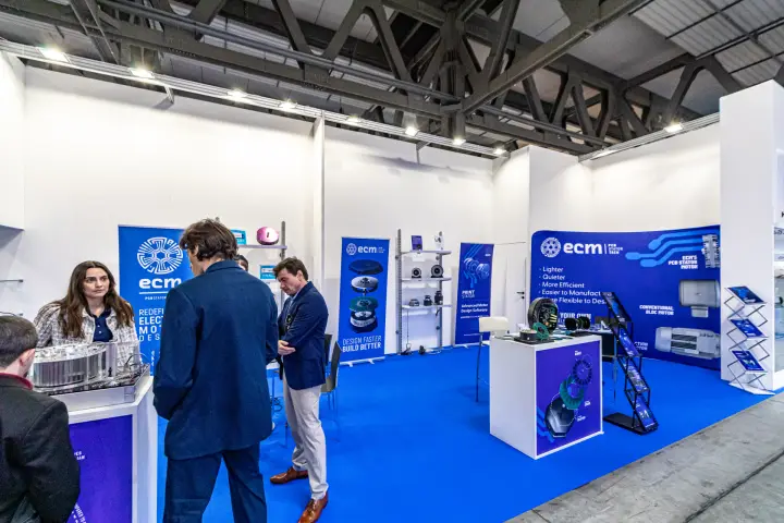 ECM stand presenting PCB stator motors and motor design software at MCE 2024