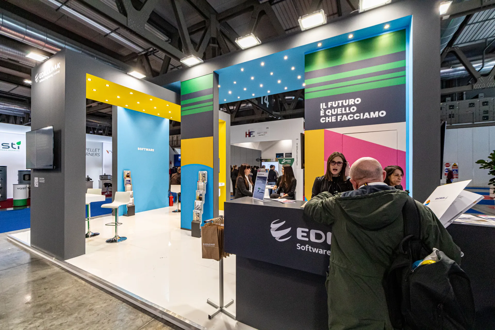 Edilclima software stand with colourful blocks and 'Il futuro' slogan at MCE 2024