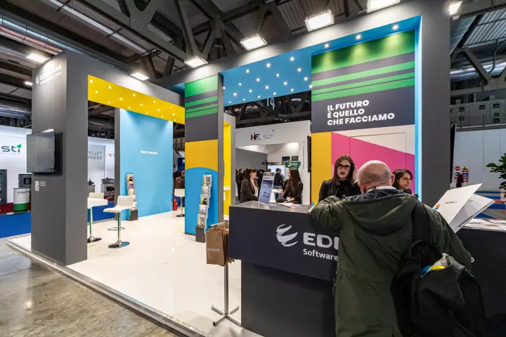 Edilclima software stand with colourful blocks and 'Il futuro' slogan