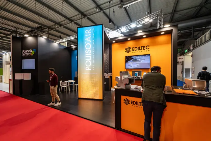 Ediltec stand with Poliiso Air pre-insulated air duct totem at MCE 2024